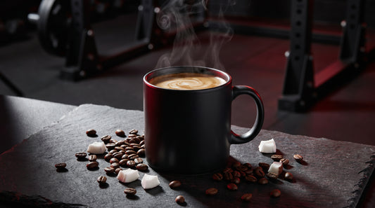 Protein Kaffee in schwarzer Tasse mit Kaffeebohnen und Kokos – SpacePower Guide