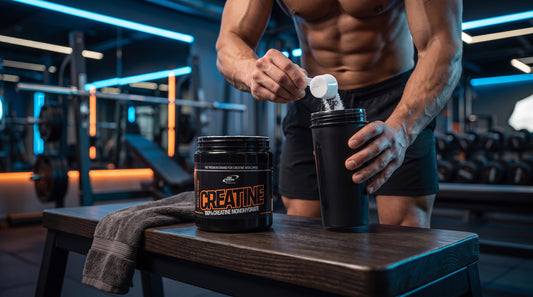 Athlet mischt SpacePower Creatine Monohydrat in einen Shaker im Fitnessstudio