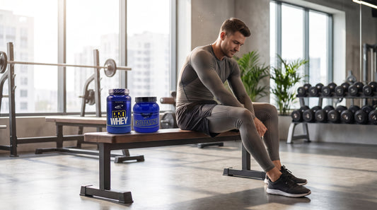 Athlet entspannt sich nach dem Training neben SpacePower Whey Protein und Glutamin zur Regeneration