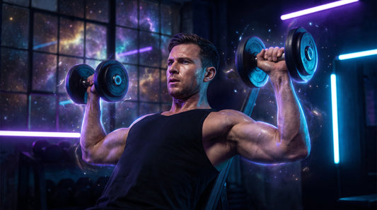 Muskulöser Athlet beim explosiven Training mit Trainingsbooster im dunklen Gym